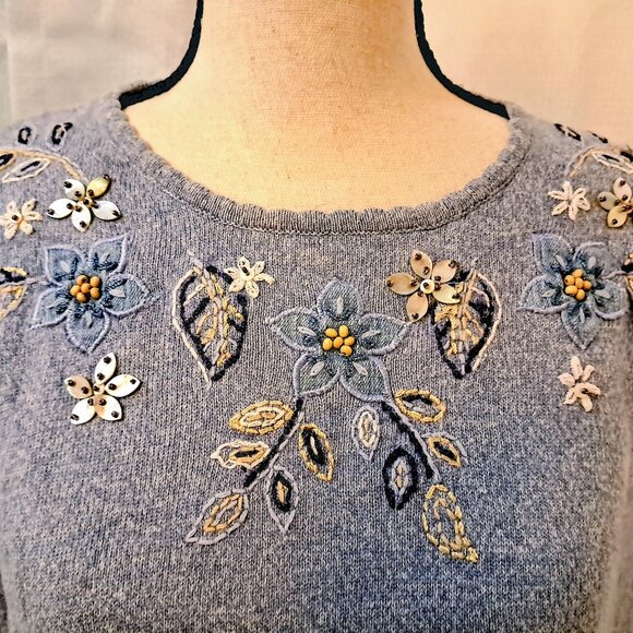 Vintage Alfred Duner Beaded Embroidered Blue Short Sleeve Sweater Size L - Picture 2 of 11